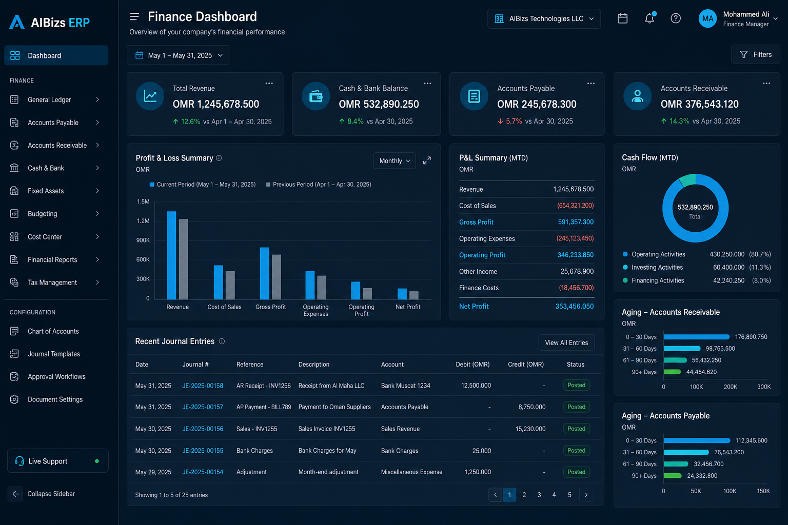 AIBizs ERP finance control dashboard