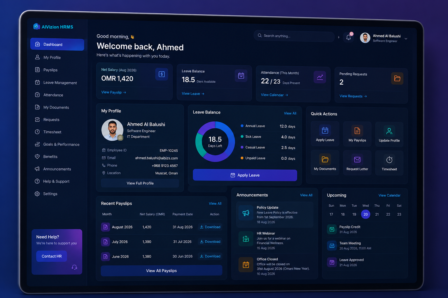 Employee self-service workplace dashboard