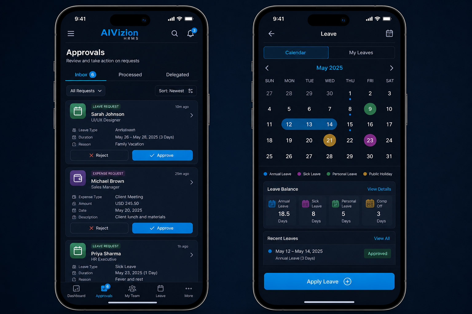 Mobile approvals inbox and leave calendar
