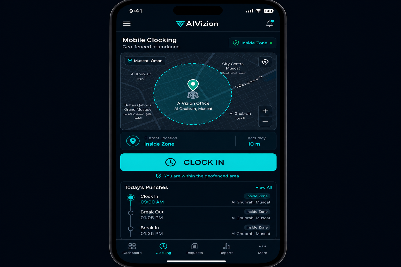 Mobile clocking screen with geo-fence map