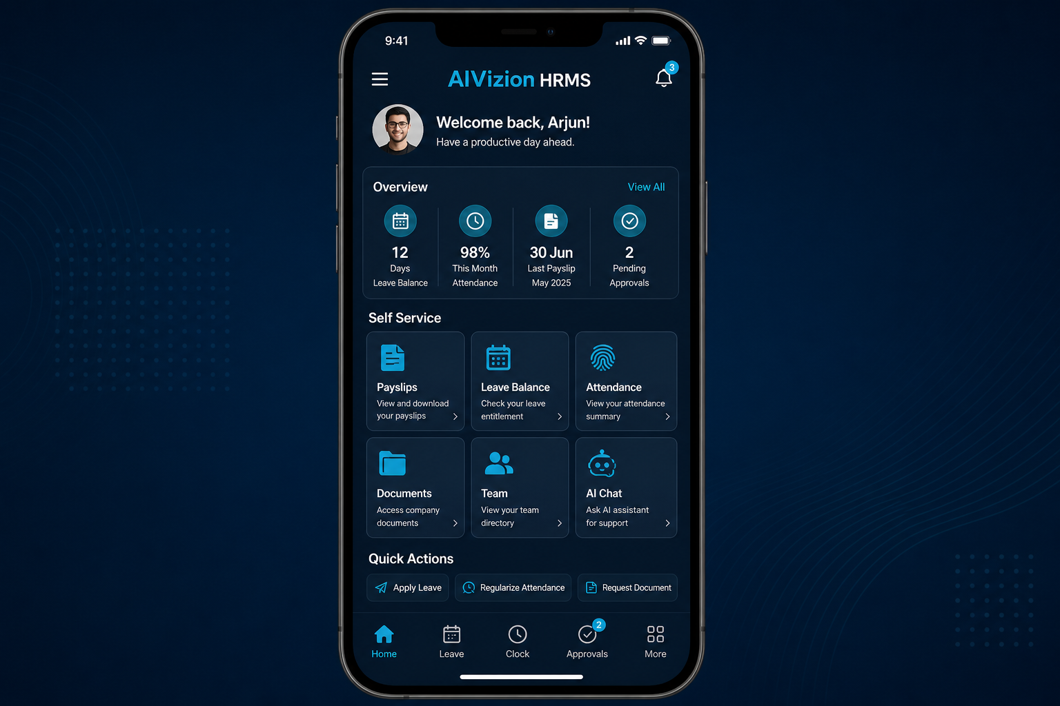 AIVizion HRMS mobile application home screen on iOS and Android